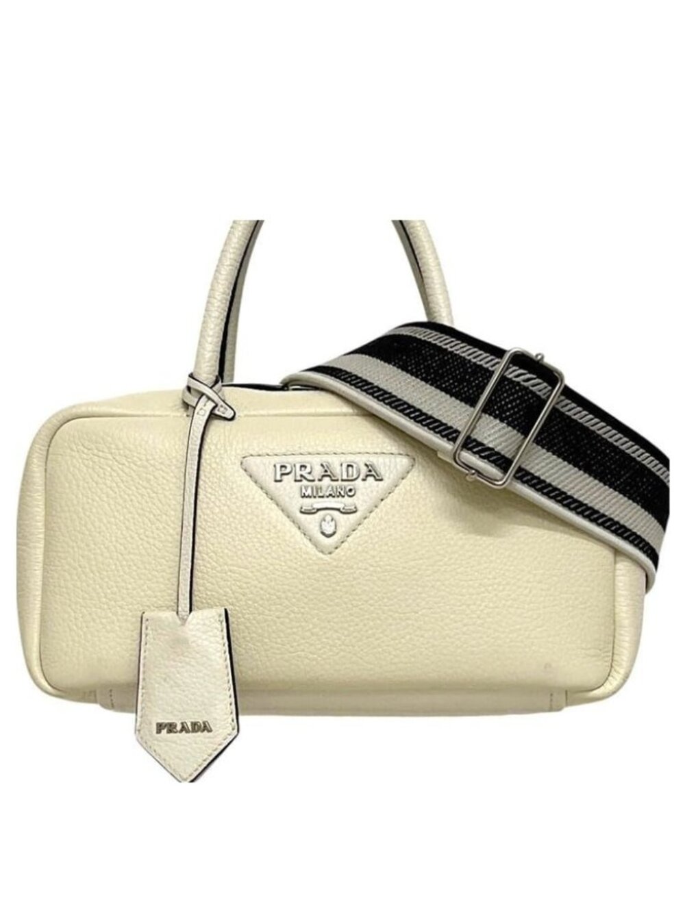 Prada Mini Boston Bag 2-Way Vitello Daino 31 A3 Leather Cream White Logo Strap